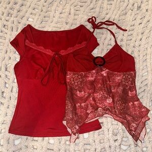 SHEIN Y2K Deep Red Top and Red Floral Tank Top Size S & M